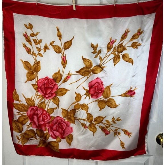 Exclusive Designs Ladies Scarf Roses 30" 100% Acetate Red Pink Cream Hand Wash - Picture 1 of 6